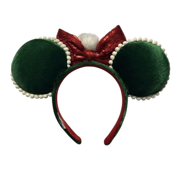 Disney Parks Christmas Pom Pom BowGreen Velvet Minnie Ears Headband - Picture 7 of 7